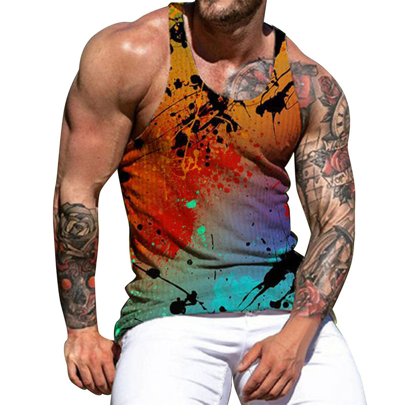 Summer Mens Print Sleeveless Tank Vest Tops Casual Sports Fitness Gym Shirts Workout Bodybuilding Muscle Tee Tank T-Shirt Vests