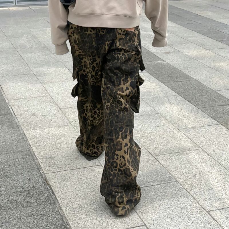Y2k Retro Punk Baggy Jeans Multi Pocket Leopard Print Cargo Pants Women Slouchy Hip Hop Straight Wide Leg Pants Streetwear