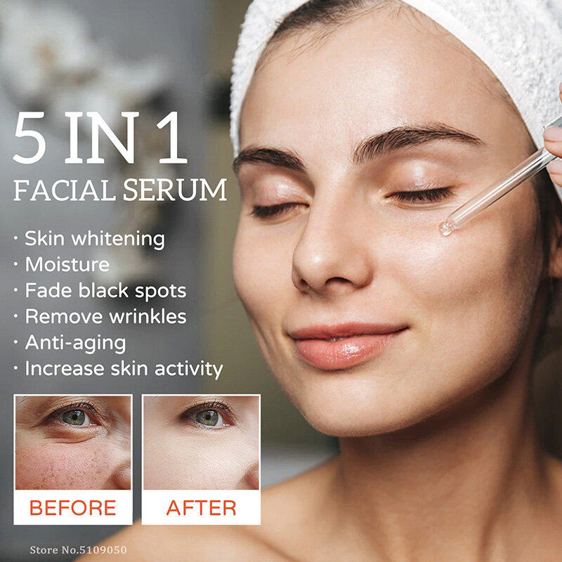 Hyaluron 5 in 1 Gesicht Serum Säure feuchtigkeit spendende Aufhellung Anti-Falten-Alterung Vitamin C verblassen Flecken schrumpfen Poren Hautpflege 30ml