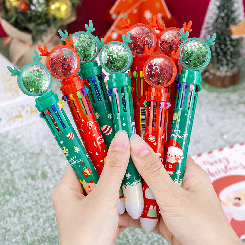 Pena bolpoin Natal lucu kartun 10 warna payet rusa kutub alat pena besar tangan pena coretan mainan hadiah bertema Natal