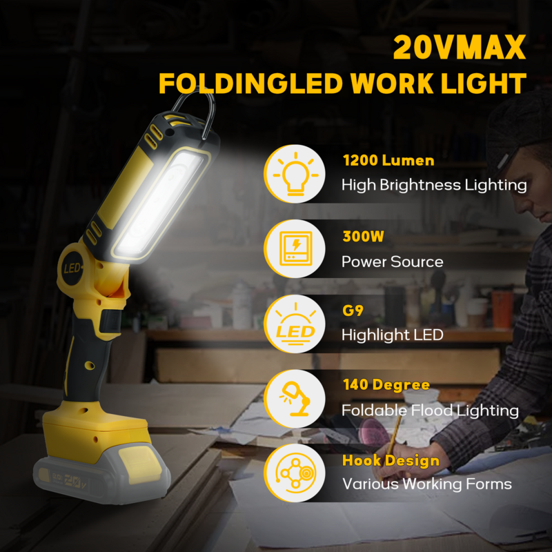 Cordless 300W 1200LM LED Work Light due livelli torcia grandangolare regolabile a 140 ° per batteria agli ioni di litio Dewalt 20V (senza batteria)