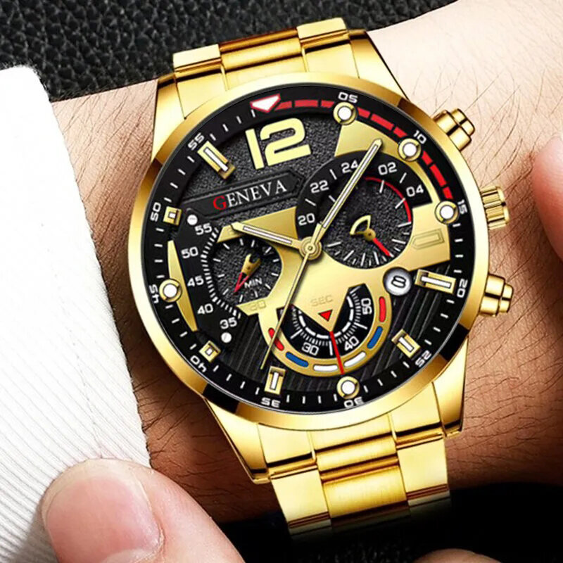 3 Stück Set Mode Herren Business Uhren Männer lässig Gold Armband Halskette Edelstahl Quarz Armbanduhr Relogio Masculino