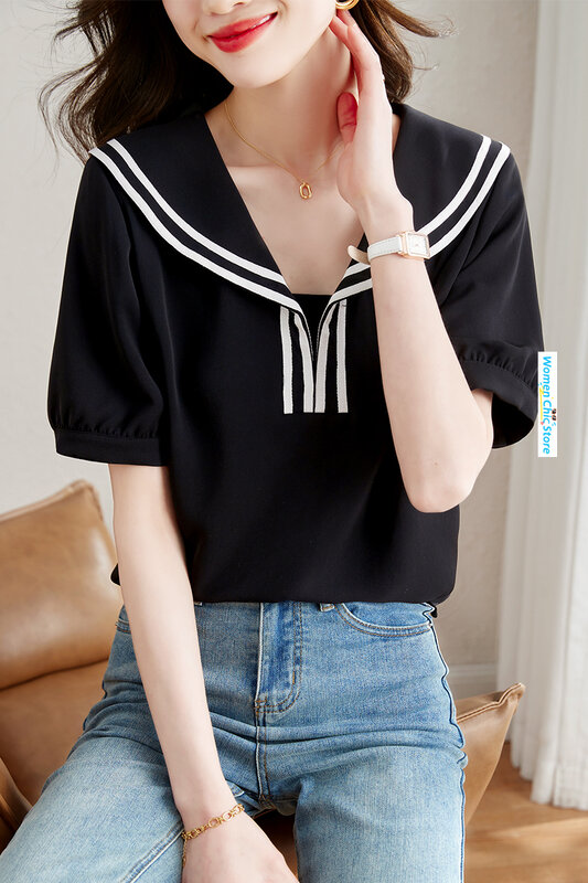 Blusa negra De manga corta con cuello marinero para Mujer, camisa holgada informal, elegante, C2380, 2024