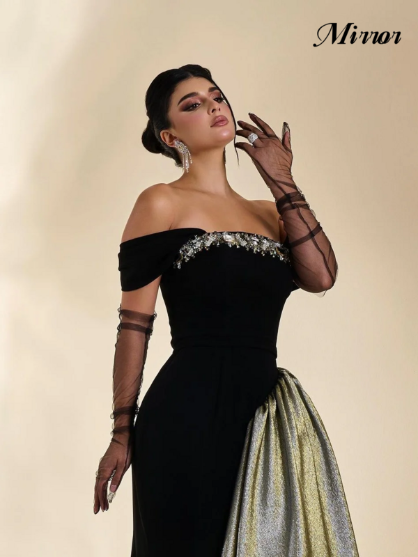 Spiegel Kleid elegante Vintage Kristall Perlen A-Linie Boot Hals Handschuhe schwarz formale Gelegenheit Abschluss ball Kleid Abend Party Kleider