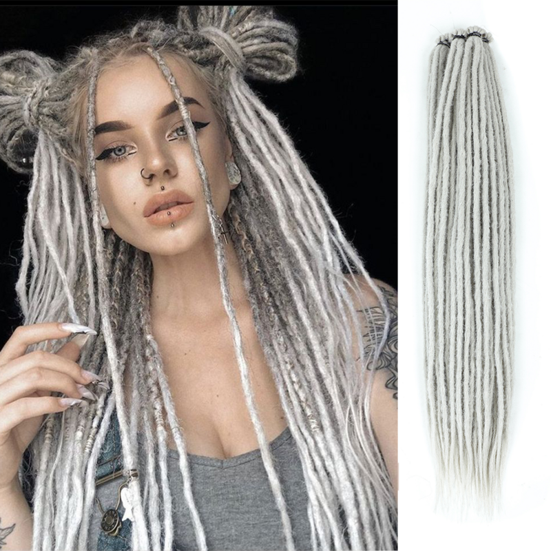 Thin 0.6cm Dreadlock Handmade Hip-Hop Style Dreadlocks Extensions  Silver Gray 18Inch Synthetic Heat Hair