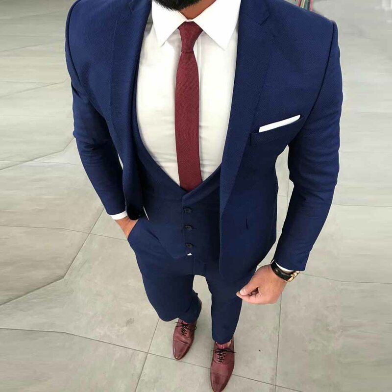 Niebieski męski garnitur Slim Fit garnitury ślubne dla mężczyzn pana młodego drużba na imprezę bal marynarka Casual Street Smart smoking biznesowy Terno 3 szt