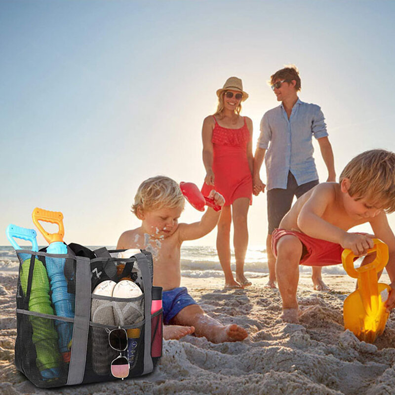 حقيبة شاطئ كبيرة متينة ، حقيبة حمل مقاومة للماء ، شبكة ، 8 جيوب ، الصيف