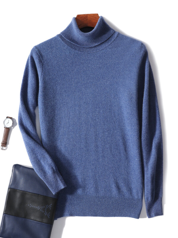 Musim semi musim gugur 100% murni Merino wol Pullover Sweater pria Turtleneck lengan panjang kasmir pakaian rajut dasar