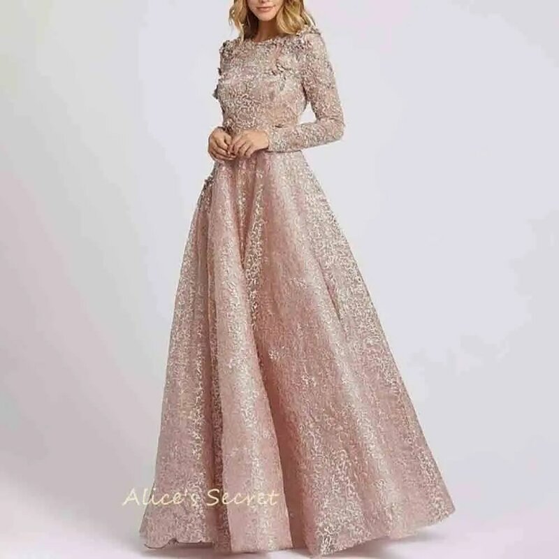 A-line Tulle Jewel Neck Embroidered Long Sleeve See Through Evening Dress Vestido para Mujer