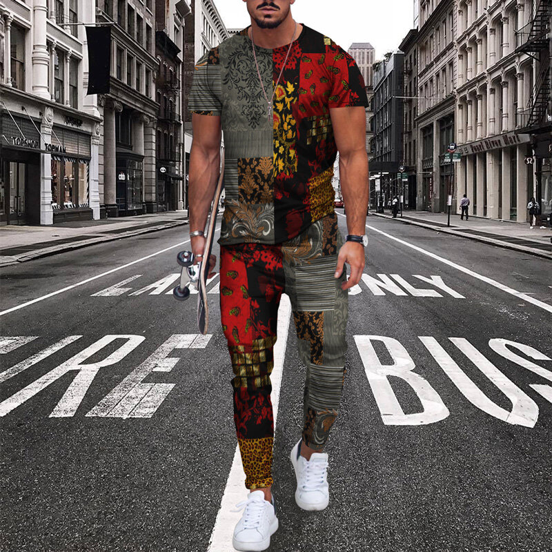 2023 Zomer Mannen 2 Stuks Oversized T-shirt Joggingpak Mode Mannen Broek Trainingspak 3D Printing Trendy Mannen kleding