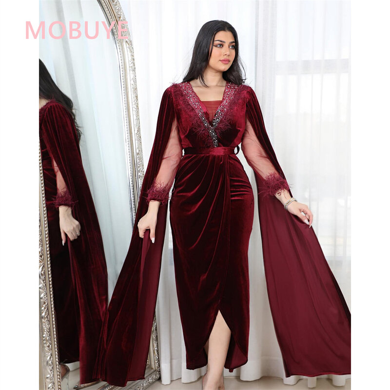 Mobuye 2024 Arab Dubai V Halslijn Prom Jurk Enkellange Avond Mode Elegante Feestjurk Voor Vrouwen
