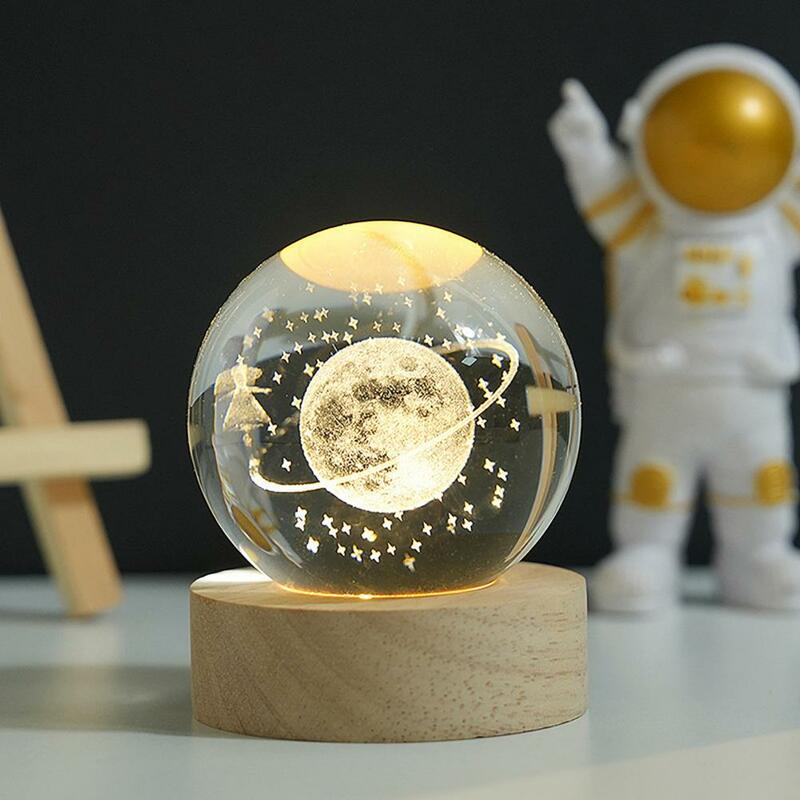 Bola de imitación de decoración 3d grabada, Sistema Solar, luz nocturna con Base de madera, lámpara Led, decoración de escritorio, cumpleaños para el espacio