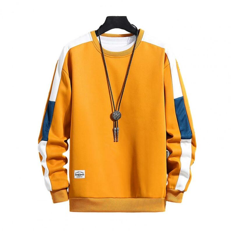 Men Fall Winter Sweatshirt Round Neck Contrast Color Patchwork Long Sleeves Elastic Cuff Thick Warm Soft Casual Loose Men Top