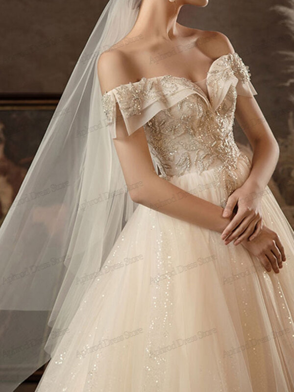 Gaun pernikahan klasik gaun pengantin glamor jubah bahu terbuka untuk pesta Formal A-Line lengan pendek Vestidos De Novia