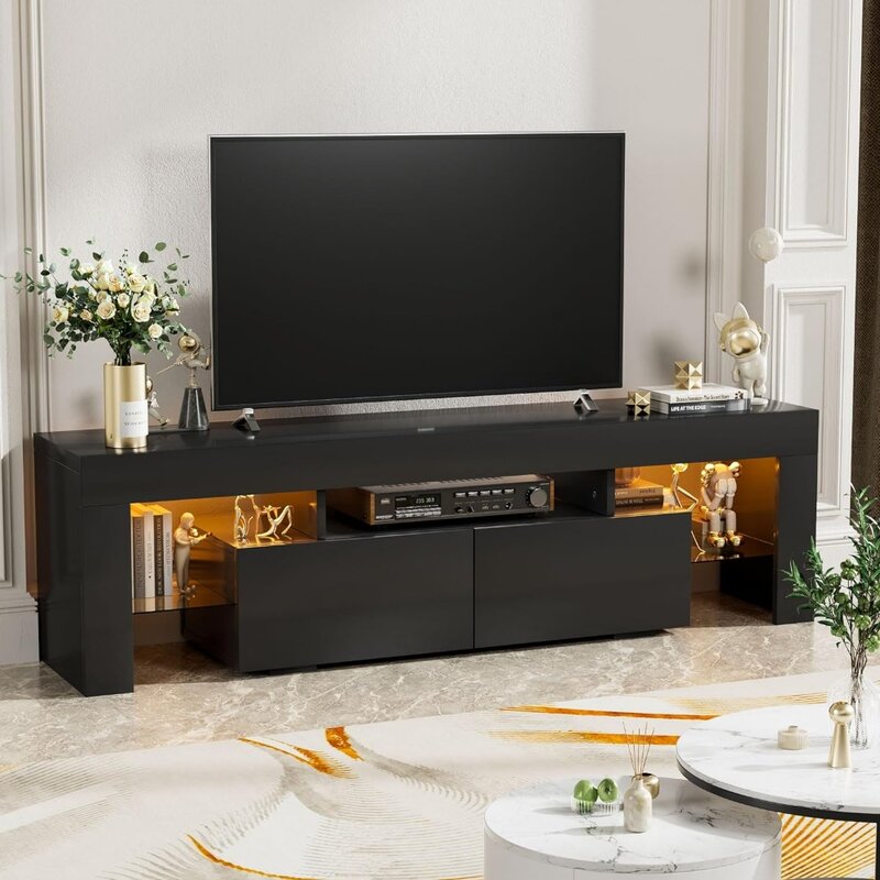 Modern LED TV Stand for Televisions up to 70 Inch with Glass Shelves and Drawer, Gaming Entertainment Center with Multiple