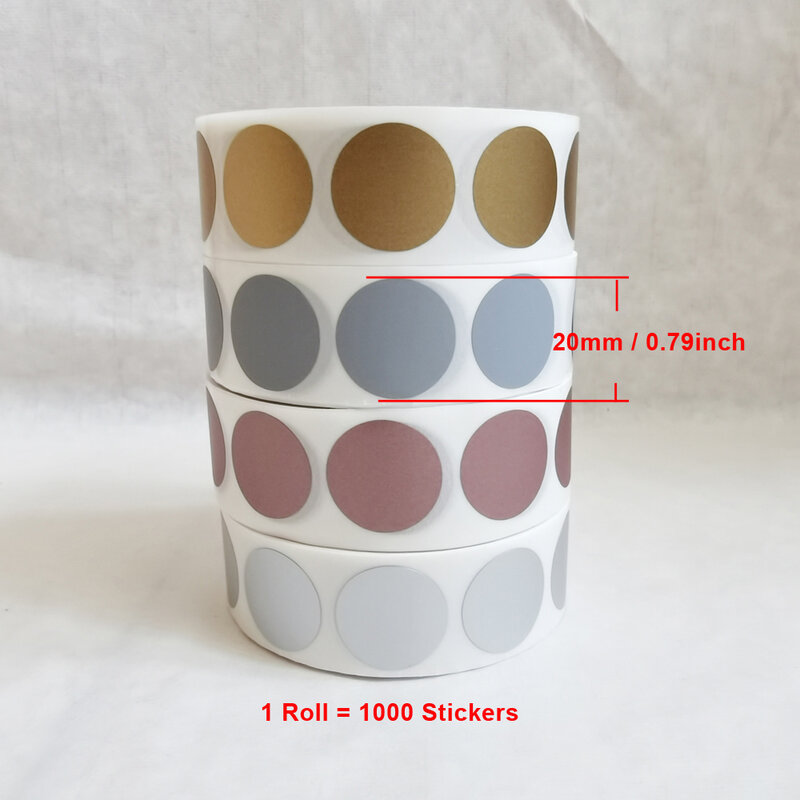 Rollo de pegatinas redondas de 20mm para juego promocional, 1000 piezas, color plateado, rosa, dorado y gris, fácil de rayar