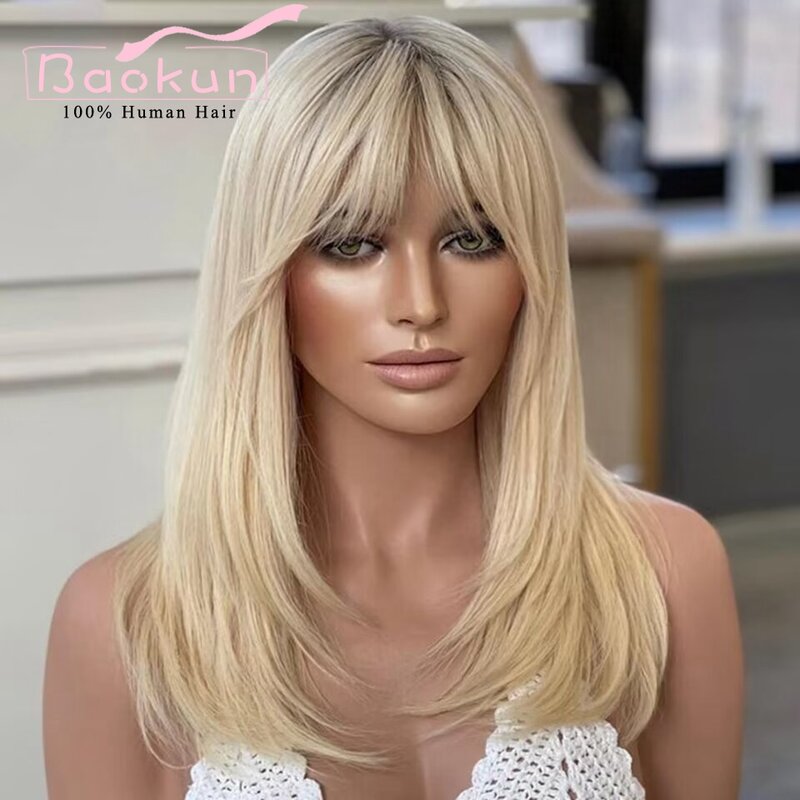 Lekka włosy ludzkie w kolorze blond peruki z grzywką peruka z przodu bez kleju z prostymi koronkami 200 gęstości 13x6 HD z ludzkimi włosami