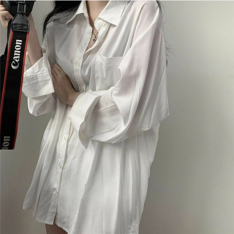 HOUZHOU informal-Blusa de manga larga para mujer, ropa de calle básica Harajuku, color negro, estilo coreano de gran tamaño, color blanco