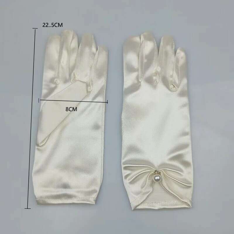 ถุงมือสีขาวติดมุกสำหรับผู้หญิงอุปกรณ์จัดเลี้ยงงานแต่งงานเจ้าสาวเสื้อ sarung Tangan gaun ผ้าซาตินแบบสั้นยืดหยุ่นสำหรับผู้หญิง