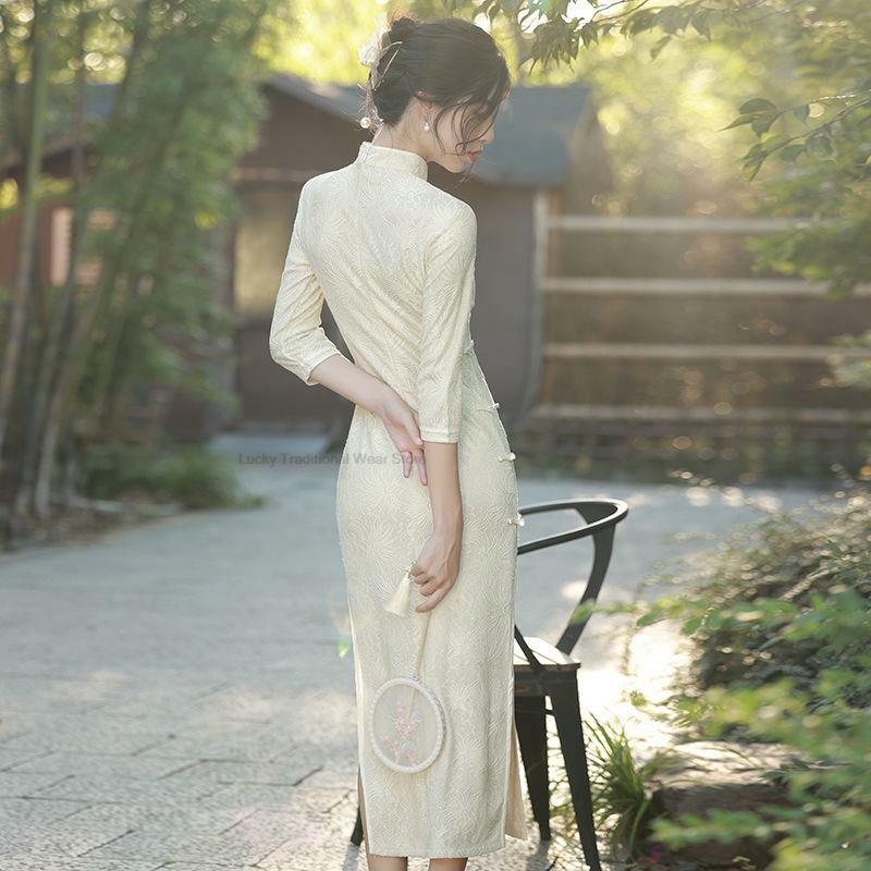 Chiński styl kobiety eleganckie Cheongsam Vintage seksowny przedział sukienka tradycyjne Vintage stroje eleganckie seksowne Qipao szampana P1