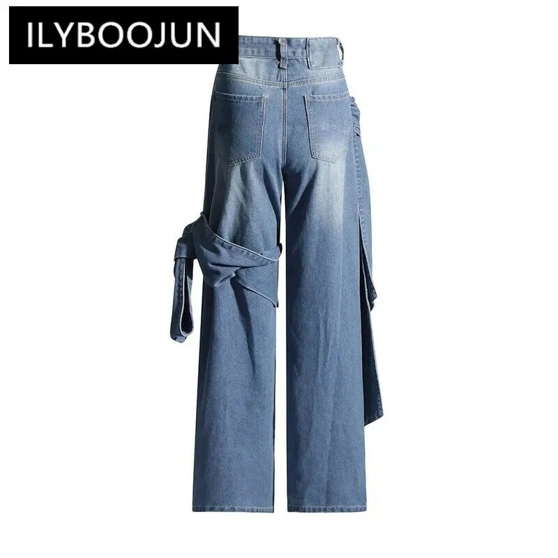Spliced Bowknot Casual Jeans For Women High Waist Patchwork Pockets Streetwear Denim Straight Pants Female Fashion Clothing