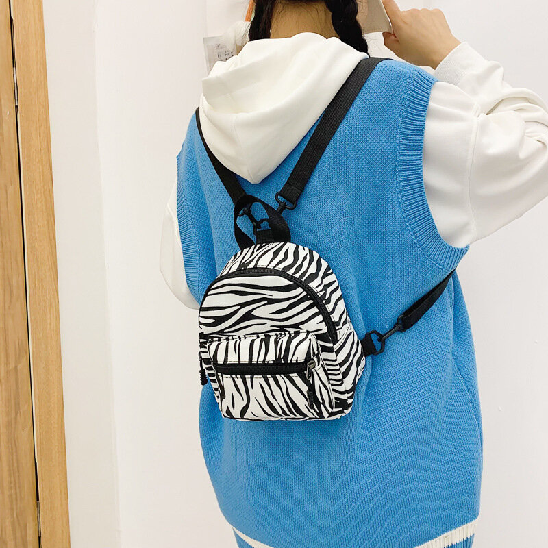 Tas punggung kecil kasual untuk wanita, tas belanja motif garis Zebra, ransel Mini, tas ransel kasual lucu untuk pelajar perempuan