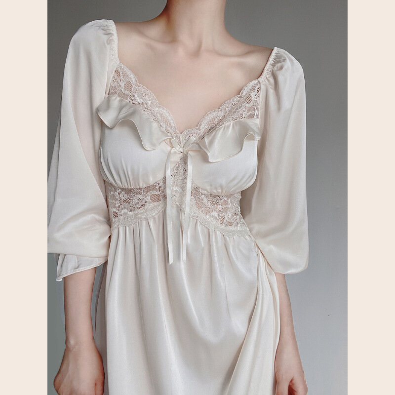 French New Spring Summer Nightgowns Women's Thin Ice Silk Long Dress Fairy Lace Sexy Homewear Nightdress Female Sleepwear