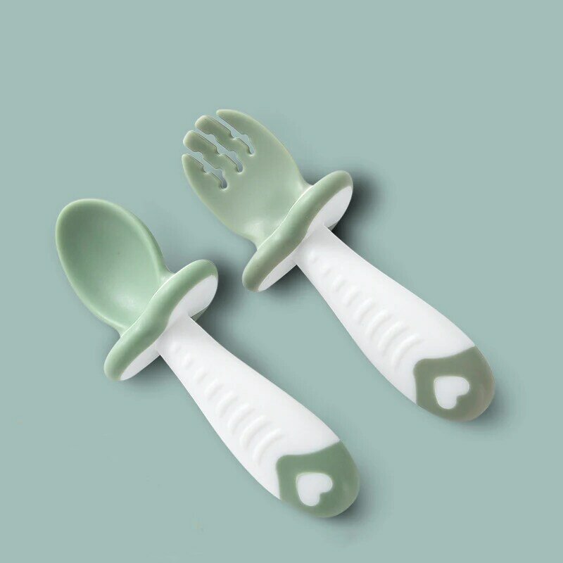 Juego de cubiertos de silicona para bebé, cuchara, tenedor, vajilla de alimentación para bebé, juego de cuchara de aprendizaje para bebé, cuchara corta fácil, 2 piezas por juego