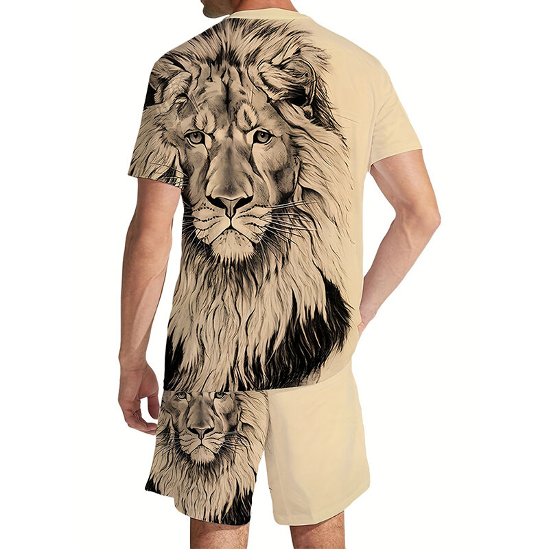 Plus Size 3D nadruk lwa męska fajne koszulki zestaw szortów dla fitness sportowy letniej ulicy styl oversize grafika 2Pcs męska odzież