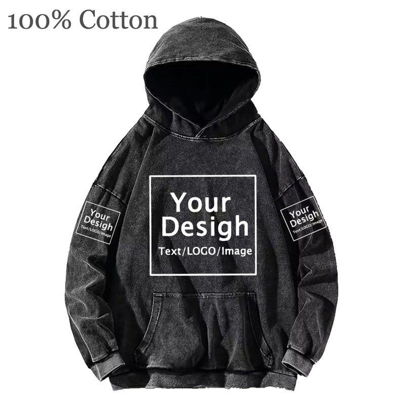 Men's Custom Print Clothing Your OWN Logo DIY Vintage Acid Wash Cotton Hoodies Oversized Hip Hop Sweatshirts Casual Y2K Clothes