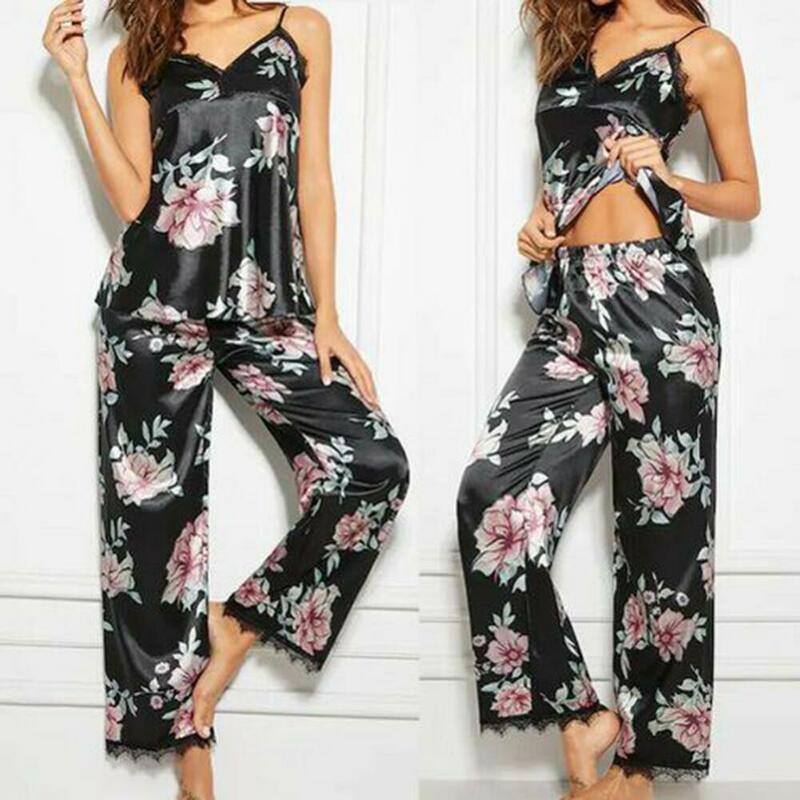 Conjunto de pijama de 2 piezas para mujer, Sexy ropa de dormir con estampado Floral, chaleco de encaje con cuello en V, pantalones largos, vestidos de noche