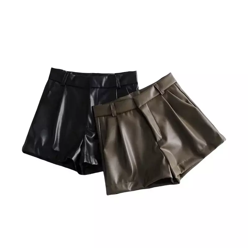 Celana pendek kulit sintetis wanita, bawahan pinggang tinggi saku samping ritsleting Vintage Fly perempuan Streetwear Ropa 2024