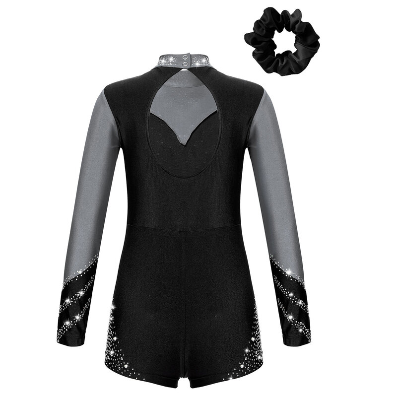 Pakaian Jumpsuit senam anak perempuan, Bodysuit balet lengan panjang jaring berlian imitasi Leotards celana anak perempuan 5-14Y