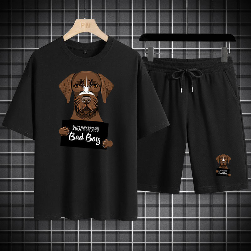 Ensemble de survêtement en coton pour homme, t-shirt imprimé chien, short de sport, survêtement imbibé, tenues 2 pièces, ensembles courts pour homme