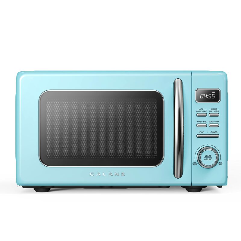 Oven Microwave meja Retro dengan memasak otomatis & memanaskan, mencairkan, fungsi mulai cepat, pegangan tarik .7 cu ft, biru