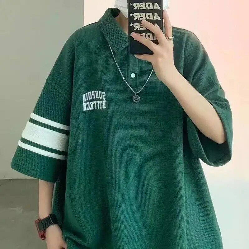 Kołnierzyk z krótkim rękawem T-shirt Chic styl Hong Kong Preppy prosta bluzka Cityboy lato wafel paski obszerna koszula 2023