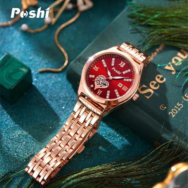 Poshi นาฬิกาผู้หญิงนาฬิกาแฟชั่นสแตนเลสวันที่ผู้หญิงนาฬิกาข้อมือควอตซ์กันน้ำ kado pacar relogio feminino