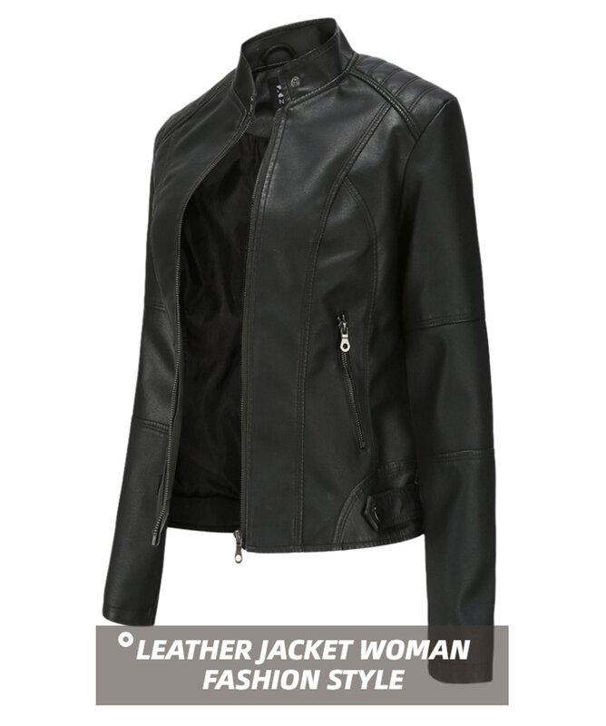 Jaqueta de couro justa feminina, tamanho europeu, terno de motocicleta, gola em pé, grande, primavera e outono