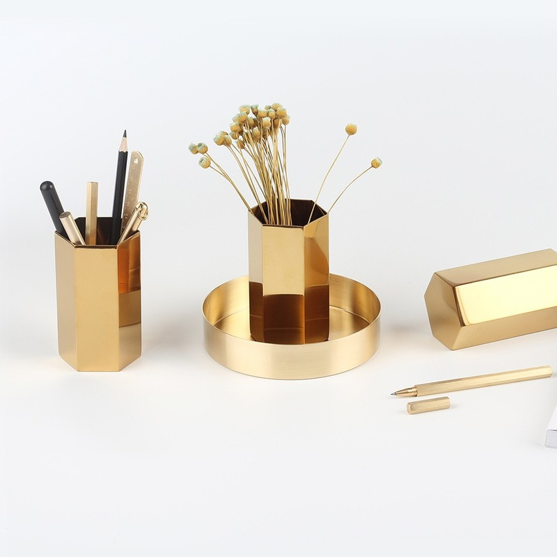 Zeshoekige Penhouder Roestvrij Staal Metalen Desktop Ornament Nordic Briefpapier Pen Invoegen Gouden Vaas Make-Up Borstel Opbergdoos