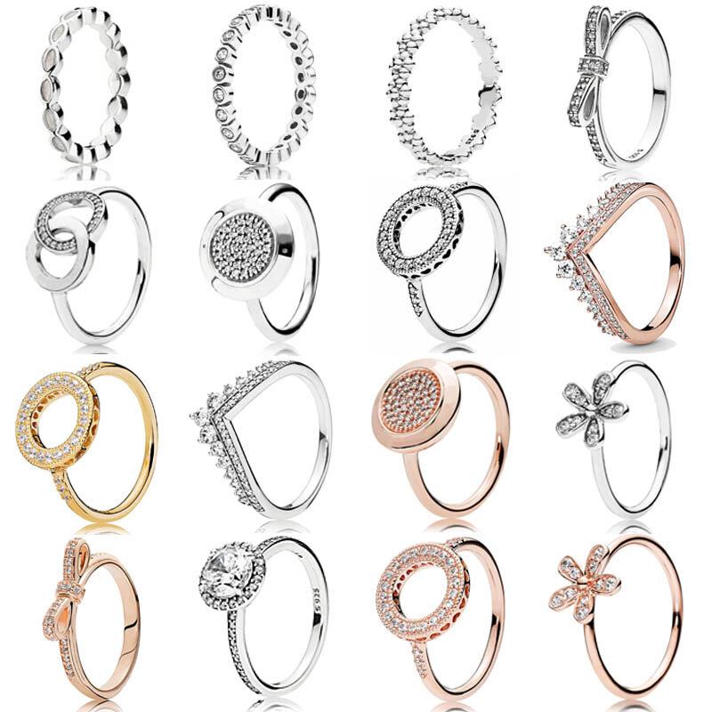 Cincin perak Sterling 925 Pave tanda tangan lingkaran hati Halo putri cincin busur Wishbone untuk hadiah wanita perhiasan Fashion