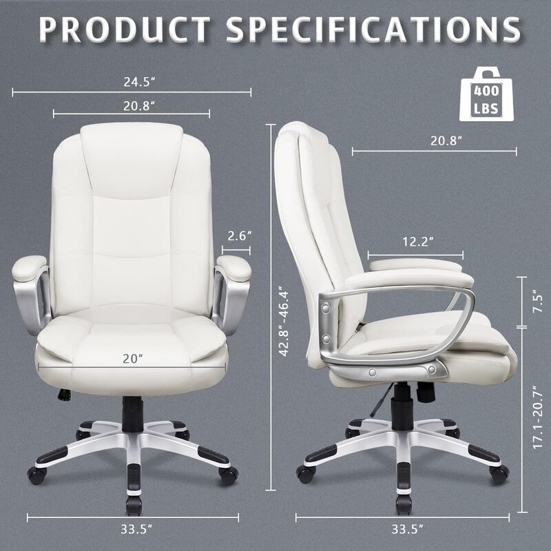 PU Leather Office Desk Chair, Cadeira de Computador Costas Altas, Ergonômico, Altura Ajustável, Cadeiras com Almofadas, Braço, Branco