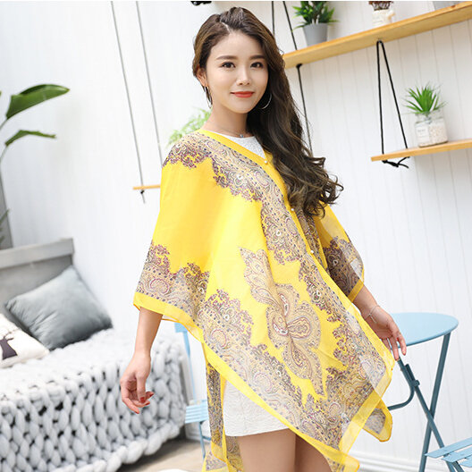 Moda feminina cachecol xale poncho impresso protetor solar proteção solar praia xale bikini capa macia e confortável venda quente amarelo