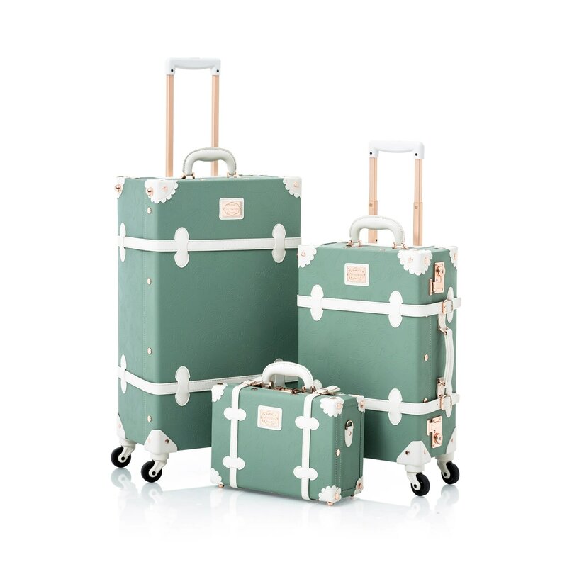 COTRUNKAGE Set bagasi Vintage 3 buah, koper barang bawaan feminin motif bunga lucu dengan roda putar, Mint timbul