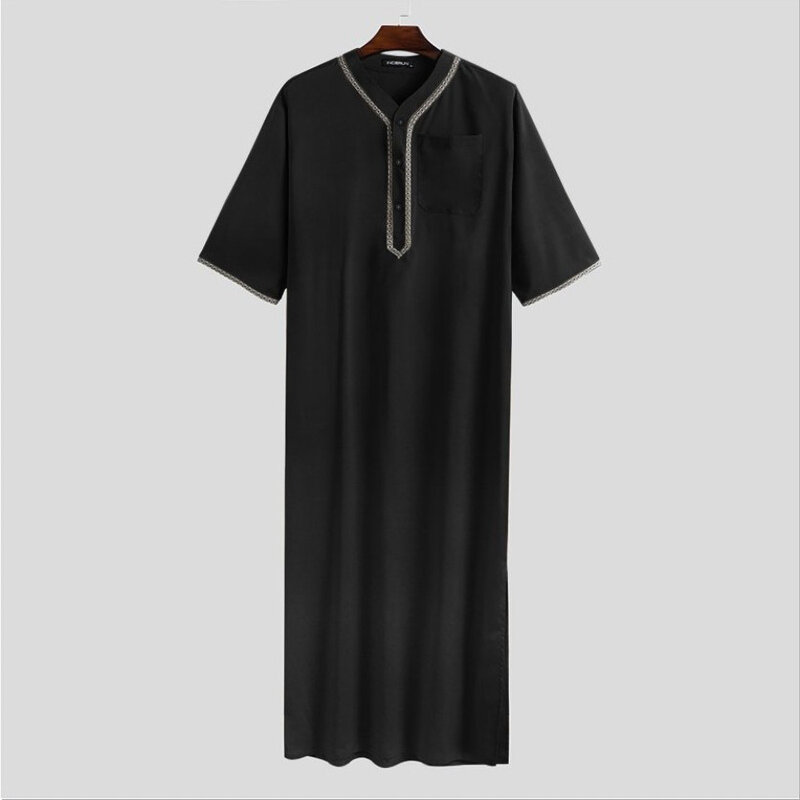 2023 Islamic Arabic Robe Men Half Sleeve Solid Color V Neck Muslim Clothes Vintage Casual Middle East Dubai Male Jubba Thobe