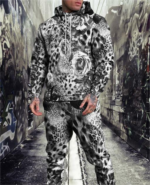 2023 Autumn Winter Men 2 Piece Set Oversized Tracksuit Hoodies Leopard printed Men's Jogging Suit Fleece Sweatshirts+Sweatpants