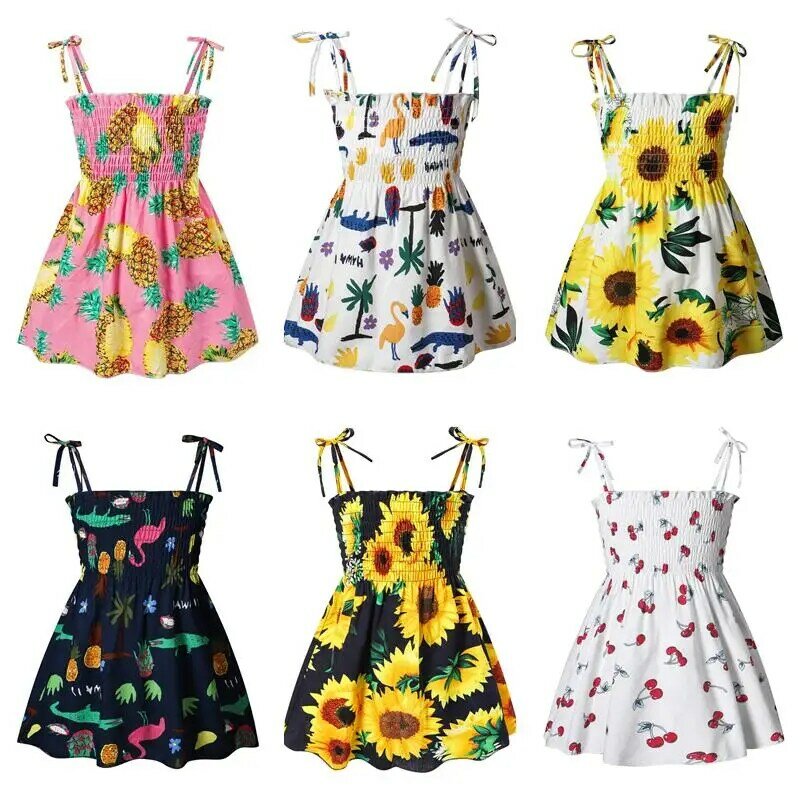 New1-7 lat sukienki dla dzieci dziewczyny lato bez rękawów pasek księżniczka sukienka bawełna kwiat wydruku dzieci ubrania dziewczyna Casual Sundress