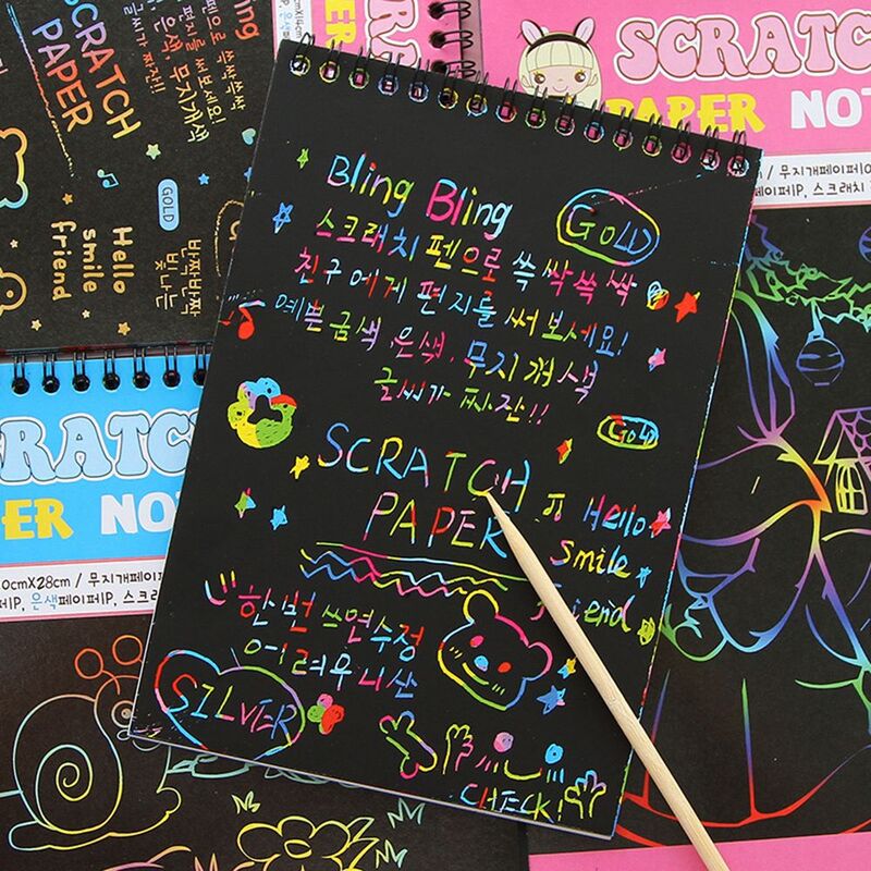 Libro de notas de Graffiti para niños, papel de dibujo para rascar, bobinas de pintura, libro de dibujo, papel negro, juguetes de educación temprana para niños