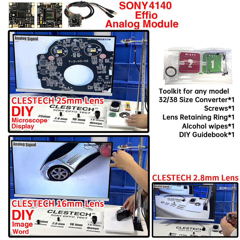 CLESTECH-Analog CCTV Camera Module, Sony EFFIO, Módulo Chip, microscópio, DIY Cabo Menu Osd, conjunto completo, Monitor de TV, 4140 + 673 800TVL, 32x32mm