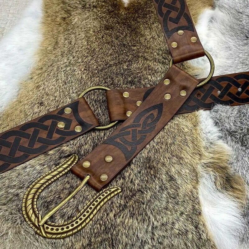 Nordic Embossed Buckle Belt,Retro Medieval Faux Leather Belt for LARP Cosplay Costume, Brown Snake Head
