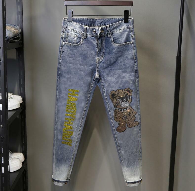 Jeans clássico com strass masculino, marca de alta qualidade, designer, calças compridas, jeans luxuosos, 2024